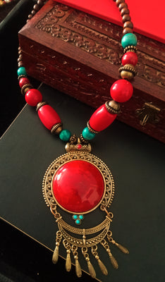 N0209_Exquisite German Silver Oxidized bead necklace with over sized pendant with a touch of colorful beads .