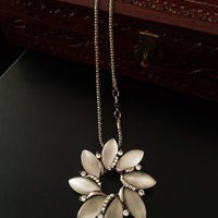 N0215_Classic German Silver Oxidized necklace with shiny floral pendant with delicate work of stones.