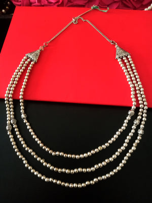 N0208_Gorgeous German Silver Oxidized layered bead necklace with small side pendant beads with floral design.