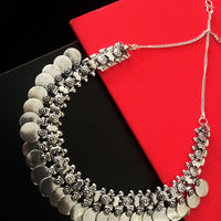 N0214_Classic German Silver Oxidized Coin necklace with shiny coins and delicate art work.