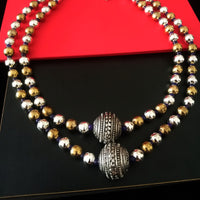 N0210_Exquisite German Silver Oxidized layered bead necklace with a over sized bead pendant with delicate art work.