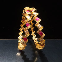 B019_Gorgeous Gold plated Bangles studded with white and pink ruby stones set of 2