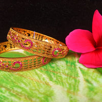 B0118_Classic Style one gram gold Plated along with pink ruby studded Bangles for Women Set of 2.