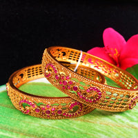 B0118_Classic Style one gram gold Plated along with pink ruby studded Bangles for Women Set of 2.