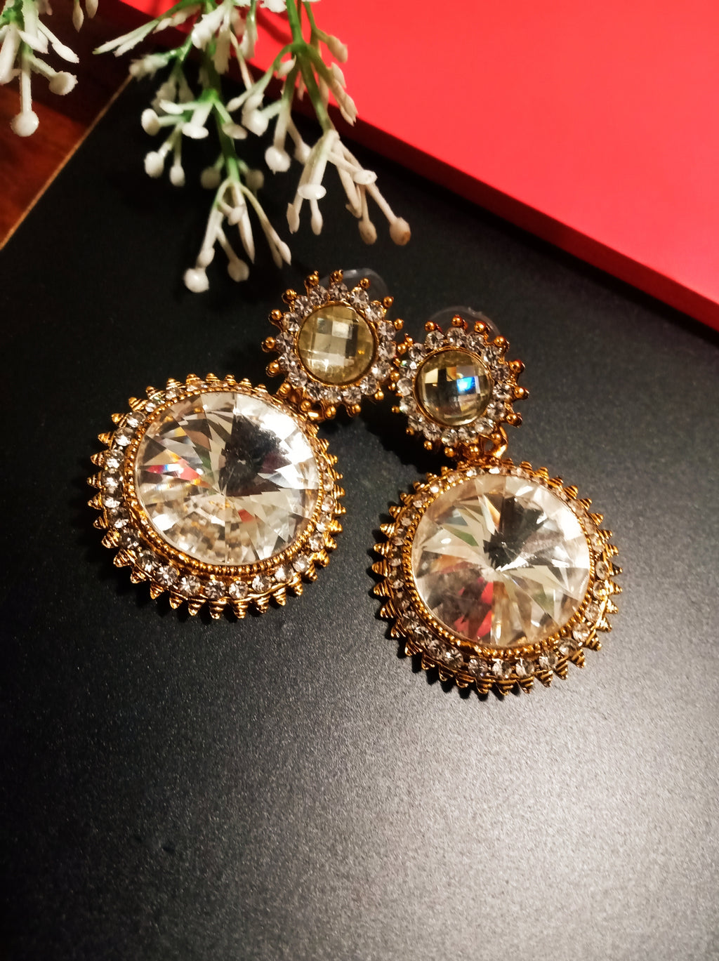 E0538_Lovely dazzling stone studded danglers with delicate work (ear drop hanging)