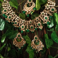 N0220_Classic Elaborated choker necklace set studded with Kundan stones with a touch of glossy green beads.