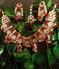 N0221_Classic Elaborated choker necklace set studded with Kundan stones and over sized red color square shaped stones with a touch of glossy red beads and pearls.