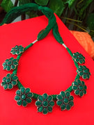 N0231_Vibrant German Silver Oxidized thread choker necklace set with delicate craft work of floral pattern studded with beautiful green stones.