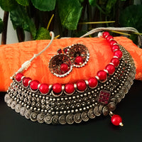 N0230_Grand German Silver Oxidized choker necklace set with delicate craft work pattern studded with red stones with a touch of red glossy beads.