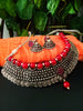 N0230_Grand German Silver Oxidized choker necklace set with delicate craft work pattern studded with red stones with a touch of red glossy beads.