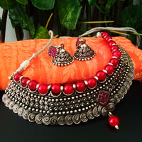 N0230_Grand German Silver Oxidized choker necklace set with delicate craft work pattern studded with red stones with a touch of red glossy beads.