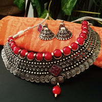 N0230_Grand German Silver Oxidized choker necklace set with delicate craft work pattern studded with red stones with a touch of red glossy beads.