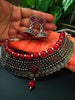 N0230_Grand German Silver Oxidized choker necklace set with delicate craft work pattern studded with red stones with a touch of red glossy beads.