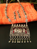 N0228_Gorgeous German Silver Oxidized necklace set with delicate art work on Square shaped pendant with a touch of beads.