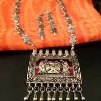 N0228_Gorgeous German Silver Oxidized necklace set with delicate art work on Square shaped pendant with a touch of beads.