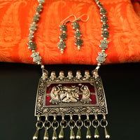 N0228_Gorgeous German Silver Oxidized necklace set with delicate art work on Square shaped pendant with a touch of beads.