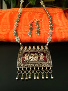 N0228_Gorgeous German Silver Oxidized necklace set with delicate art work on Square shaped pendant with a touch of beads.