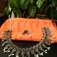 N0227_Gorgeous German Silver Oxidized choker necklace set with delicate work of shell shaped pattern studded with black stones with a touch of beads.