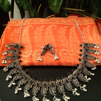 N0227_Gorgeous German Silver Oxidized choker necklace set with delicate work of shell shaped pattern studded with black stones with a touch of beads.