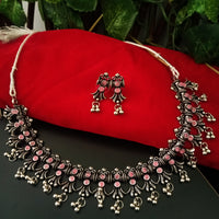 N0225_Classic German Silver Oxidized choker necklace set with delicate work of floral pattern studded with beautiful pink stones with a touch of beads.