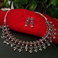 N0225_Classic German Silver Oxidized choker necklace set with delicate work of floral pattern studded with beautiful pink stones with a touch of beads.