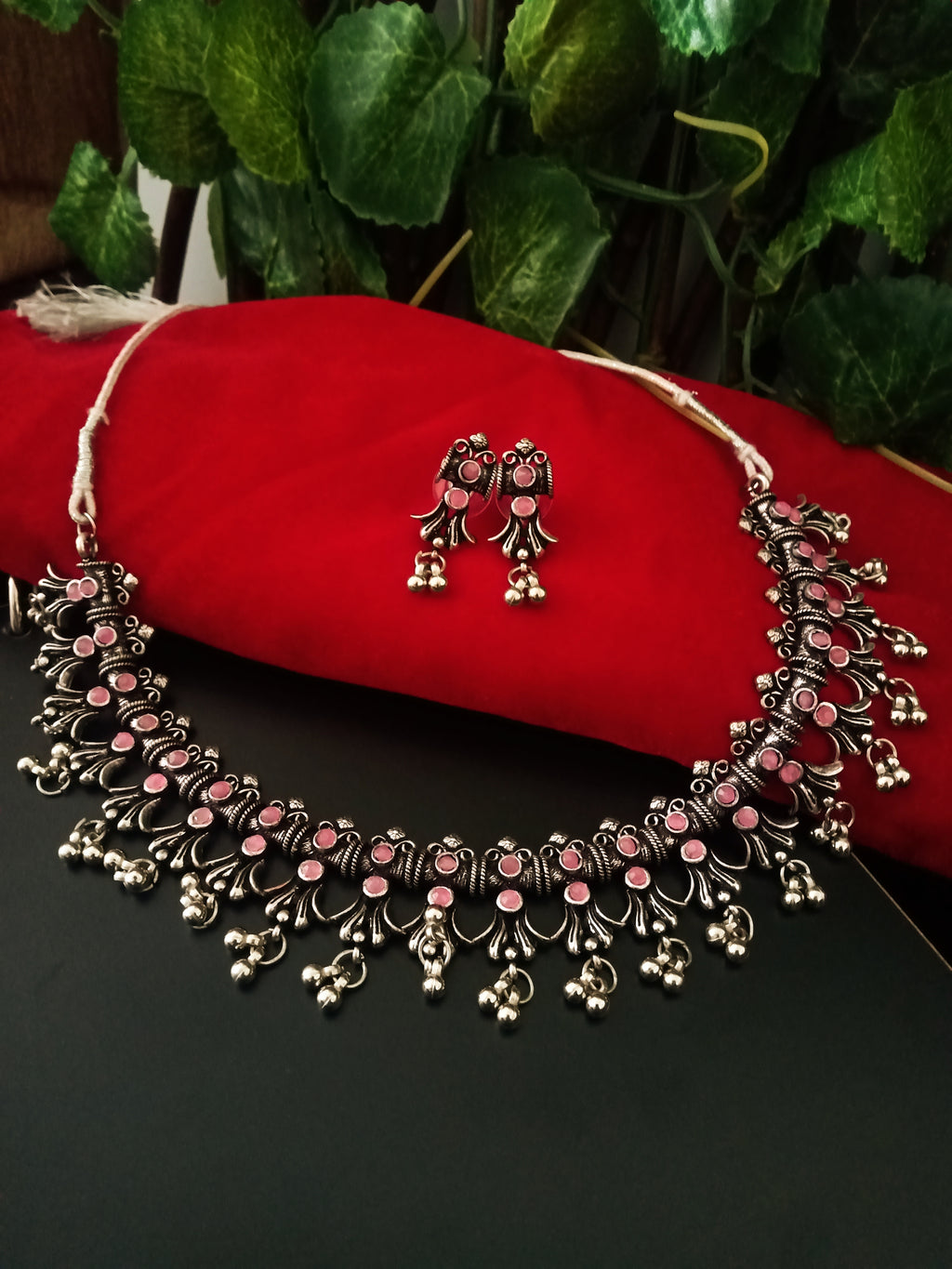 N0225_Classic German Silver Oxidized choker necklace set with delicate work of floral pattern studded with beautiful pink stones with a touch of beads.