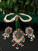 N0233_Classy Matte Silver Oxidized choker necklace set with delicate craft work of floral & peacock pattern pendant studded with beautiful pink and green stones with a touch of beads followed by layered bead chain.