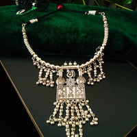 N0234_Classy Matte Silver Oxidized necklace set with delicate craft work of floral & peacock pattern square shaped pendant with a touch of beads.