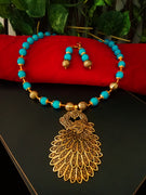 N0237_ Gorgeous German Silver oxidized crafted necklace with delicate work of peacock design pendant with a touch of Glossy golden & blue color beads.