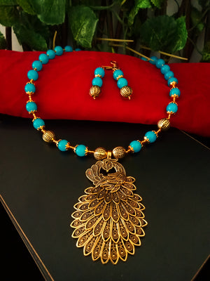 N0237_ Gorgeous German Silver oxidized crafted necklace with delicate work of peacock design pendant with a touch of Glossy golden & blue color beads.