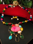 N0239_Gorgeous  vibrant shiny colored bead necklace set with a over sized pendant with a touch of colorful stones.