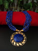 N0244_ Classic Off beat necklace with over sized circular pendant with a blue color stone with beautiful craft work followed by layered bead chains.