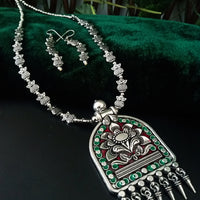 N0240_ Gorgeous German Silver oxidized Tribal crafted necklace with delicate work of floral design over sized pendant with a touch of beads.