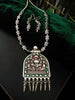 N0240_ Gorgeous German Silver oxidized Tribal crafted necklace with delicate work of floral design over sized pendant with a touch of beads.