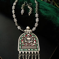 N0240_ Gorgeous German Silver oxidized Tribal crafted necklace with delicate work of floral design over sized pendant with a touch of beads.