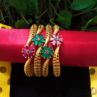 B0129_Exquisite Matte gold plated bangles set with a touch of stones with delicate flower design.