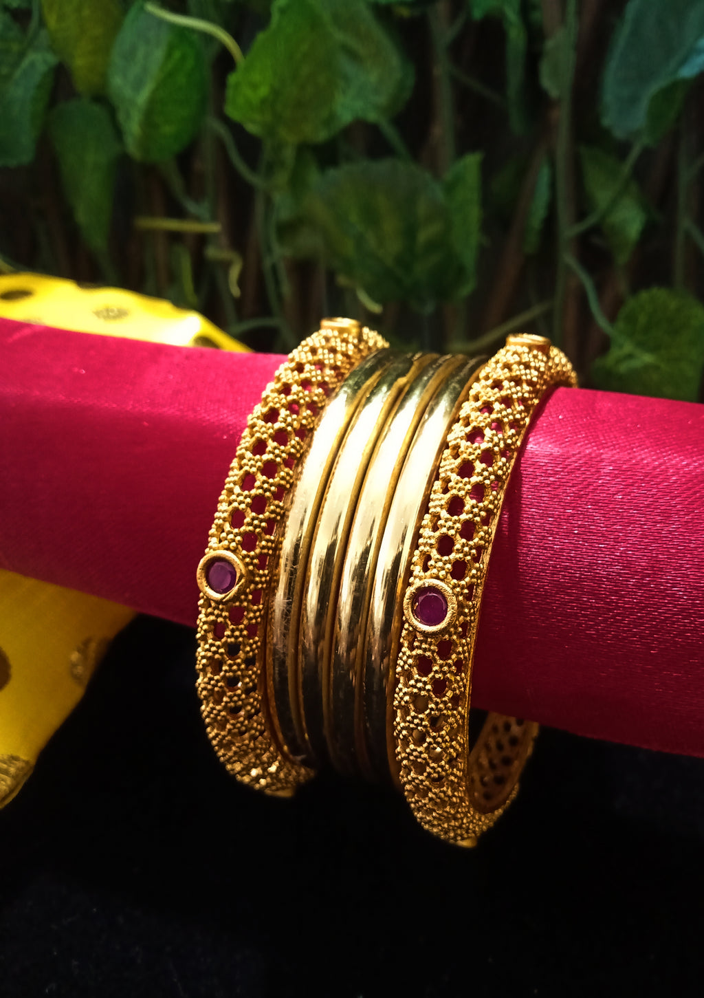 B0135_Gorgeous bangles set with Matte gold plated plain bangles and delicate work bangles with a touch of stones.