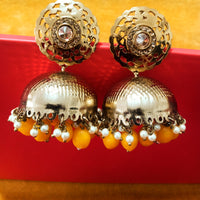 E020_Glossy golden colored high quality & light weight large jumka earring with delicate work of yellow colored beads and  Meenakari work.
