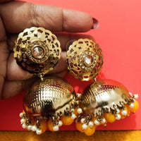 E020_Glossy golden colored high quality & light weight large jumka earring with delicate work of yellow colored beads and  Meenakari work.