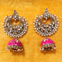 E0849_Classy Pink Colored Jumki Earring with delicate work of pearl and  Meenakari work.