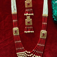 N0126_Classy Style Stunning Long Multilayered ‘Raani Haar’ Necklace set with off white pearls and red color crystal drops studded with American Diamond stones.