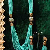N0123_Gorgeous layered Sea green colored bead necklace set along with side pendants.