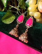 E0550_Lovely German silver oxidized jumkas with beautiful craft work with a touch of beads along with a pink bright stones (medium size hanging )