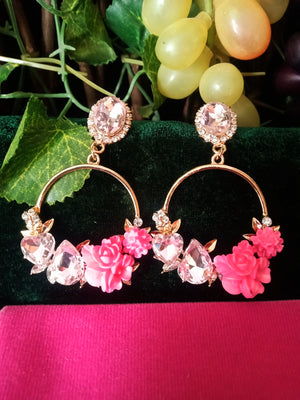E0556_ Dazzling stone studded hoop earrings with floral designs (medium size hanging)