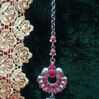 M010_Lovely semi precious Pink ruby stone studded silver base color Maang Tika with touch of pearls.