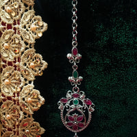 M011_Lovely semi precious Pink & Green ruby stone studded silver base color Maang Tika with touch of pearls.