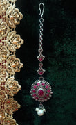 M012_Lovely semi precious Pink ruby stone studded silver base color Maang Tika with touch of pearls.