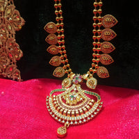 N0190_Elegant Micro Gold plated Necklace with delicate work of broad pendant studded with American Diamond stones with a touch of Precious pink & green ruby stones.