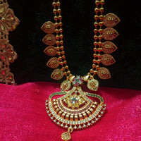 N0190_Elegant Micro Gold plated Necklace with delicate work of broad pendant studded with American Diamond stones with a touch of Precious pink & green ruby stones.