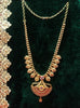 N0190_Elegant Micro Gold plated Necklace with delicate work of broad pendant studded with American Diamond stones with a touch of Precious pink & green ruby stones.